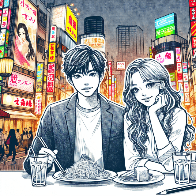 渋谷で食事をしている高校生カップル イラスト