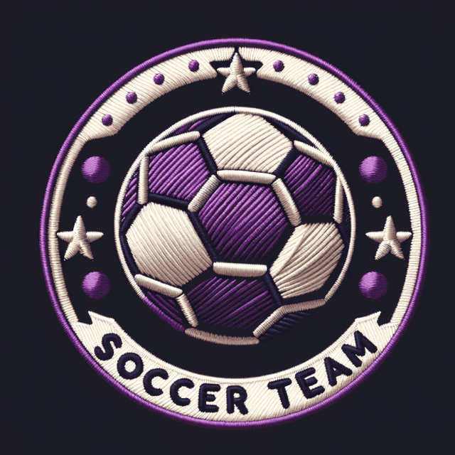 「soccer team」という文字を入れたサッカーチームの丸いロゴのシンプルデザイン　紫の糸で刺しゅう　イラスト