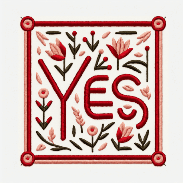 「YES」という文字を赤い糸で刺しゅうした四角いデザインのイラスト