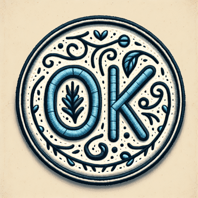 「OK」という文字を青い糸で刺しゅうした丸いデザインのイラスト