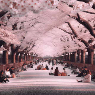 東京の桜並木の風景 花見をする人々