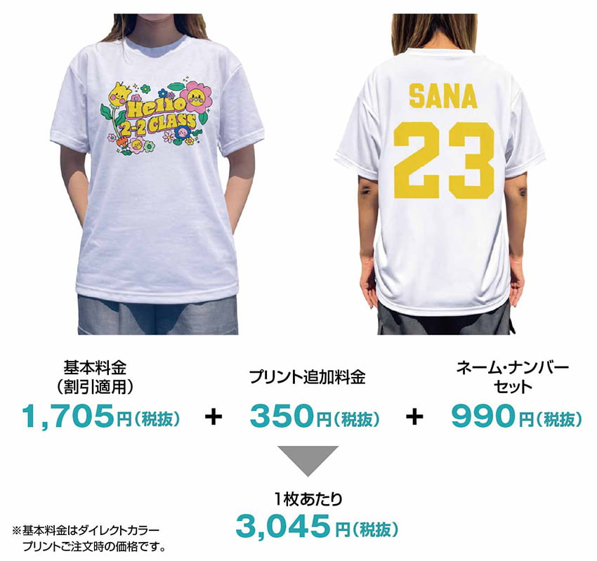 基本料金・プリント追加料金・ネームナンバーセットの価格案内
