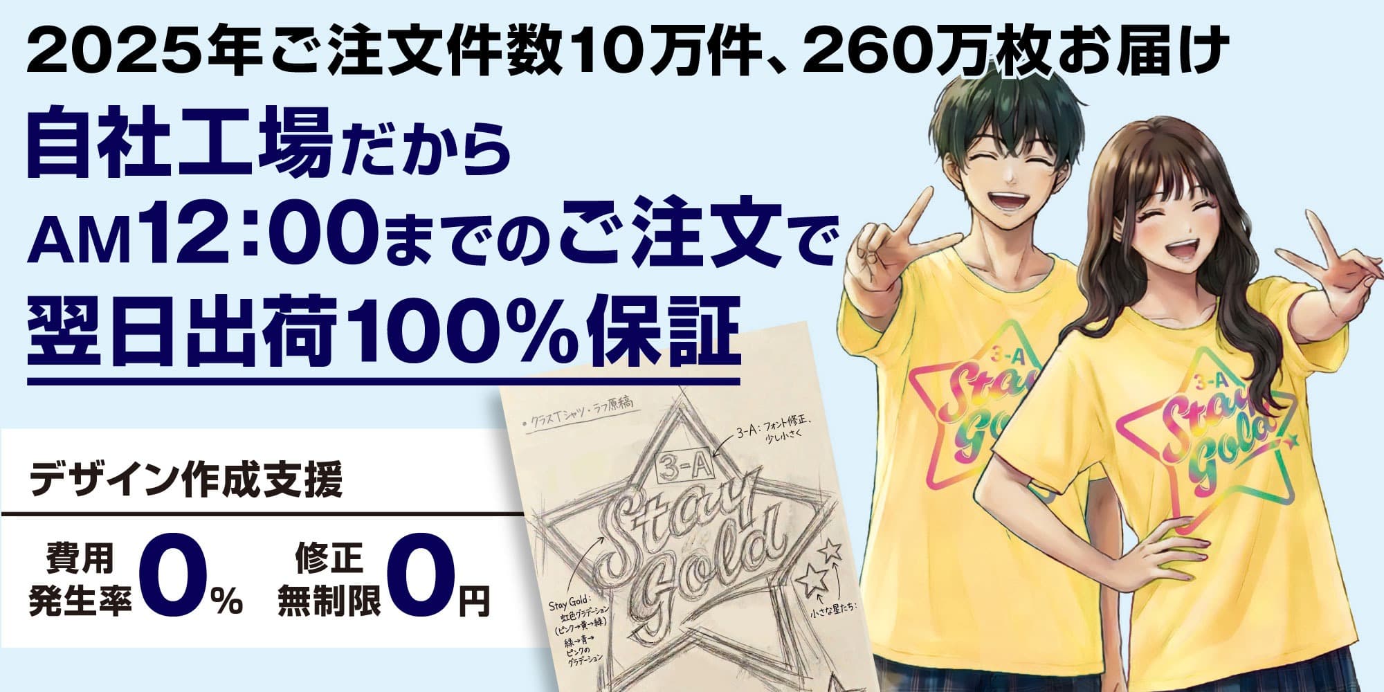 2025年ご注文件数10万件、260万枚お届け。自社工場だからAM12:00までのご注文で翌日出荷100%保証。