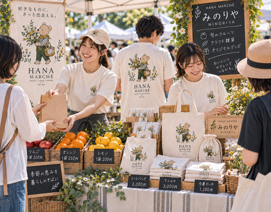 お揃いのHANA MARCHÉのTシャツでマルシェの店頭に立つスタッフ