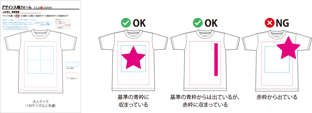 青色の枠が基準のプリント位置・プリントサイズとなりますが、赤色の枠内であればご自由に配置できます。基準の青枠に収まっている場合はOK 基準の青枠からは出ているが、赤枠に収まっている場合はOK 赤枠から出ているNG