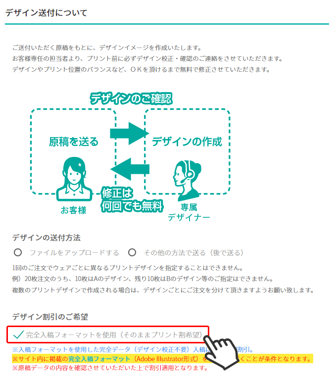 「完全入稿フォーマットを使用（そのままプリント割希望）」を選択